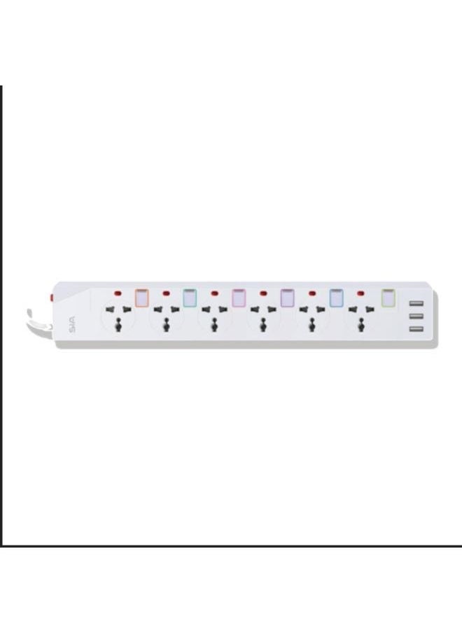 sia SIA GEN1 POWER STRIP 3USB-A/6 POWER SOCKETS 2500W 2M 