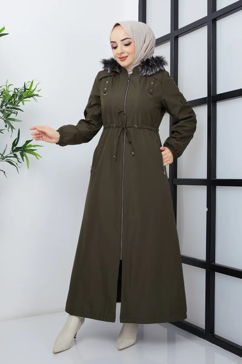 كي ام كي كومبين KMK Combined Patterned Waist Belted Under Lining Fiber Hat Furry Long Coat & Jacket