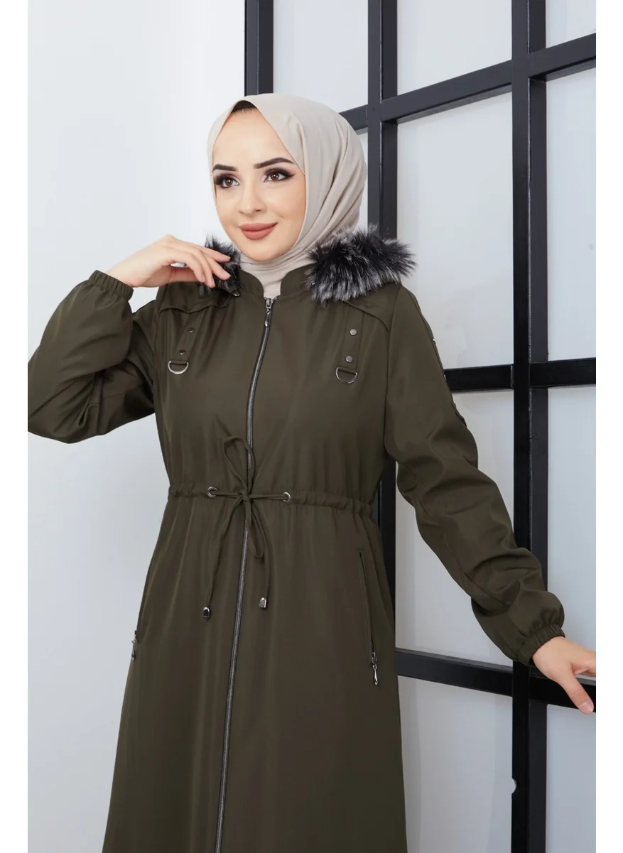 Kmk Kombin KMK Combined Patterned Waist Belted Under Lining Fiber Hat Furry Long Coat & Jacket