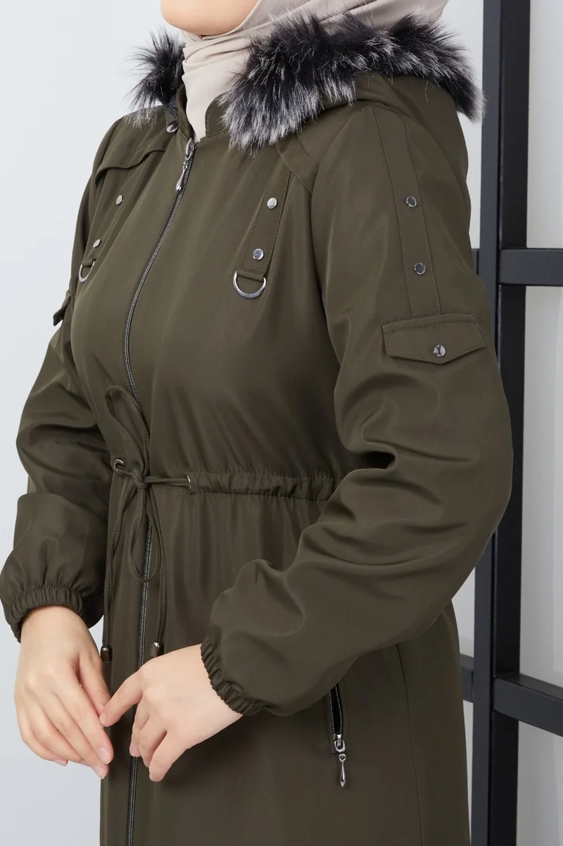 كي ام كي كومبين KMK Combined Patterned Waist Belted Under Lining Fiber Hat Furry Long Coat & Jacket