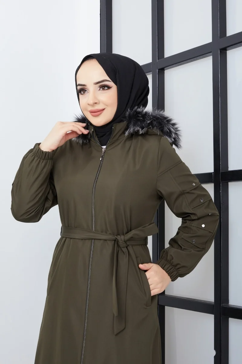 كي ام كي كومبين KMK Combined Patterned Waist Belted Under Lining Fiber Hat Furry Long Coat & Jacket