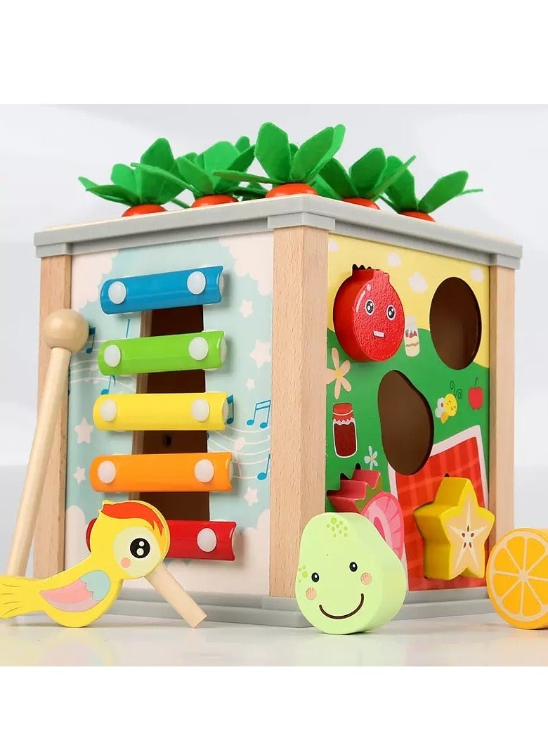 6 In 1 Multifunctional Wooden Activity Cube Montessori Toys, Shape Identification, Xylophone, Clock, Bird Catch Worm, Carrot Harvest, Rotate Gear, Sensory Toys, Birthday Gifts For Boys Girls - Image 1
