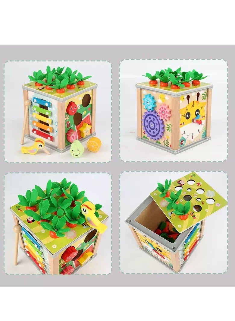 6 In 1 Multifunctional Wooden Activity Cube Montessori Toys, Shape Identification, Xylophone, Clock, Bird Catch Worm, Carrot Harvest, Rotate Gear, Sensory Toys, Birthday Gifts For Boys Girls - Image 2