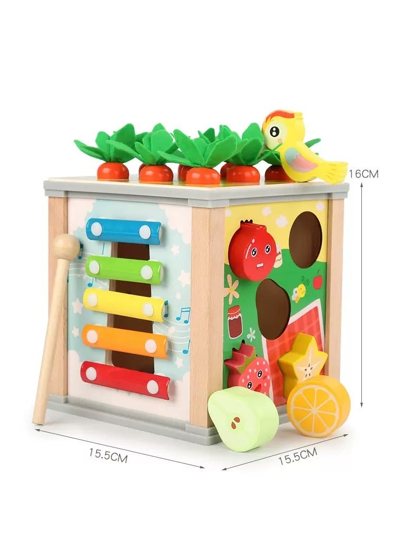 6 In 1 Multifunctional Wooden Activity Cube Montessori Toys, Shape Identification, Xylophone, Clock, Bird Catch Worm, Carrot Harvest, Rotate Gear, Sensory Toys, Birthday Gifts For Boys Girls - Image 4