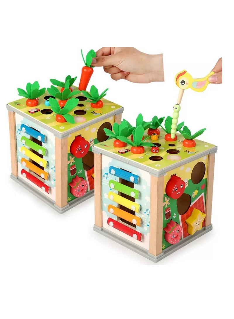 6 In 1 Multifunctional Wooden Activity Cube Montessori Toys, Shape Identification, Xylophone, Clock, Bird Catch Worm, Carrot Harvest, Rotate Gear, Sensory Toys, Birthday Gifts For Boys Girls - Image 3