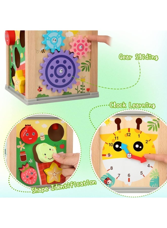 6 In 1 Multifunctional Wooden Activity Cube Montessori Toys, Shape Identification, Xylophone, Clock, Bird Catch Worm, Carrot Harvest, Rotate Gear, Sensory Toys, Birthday Gifts For Boys Girls - Image 5