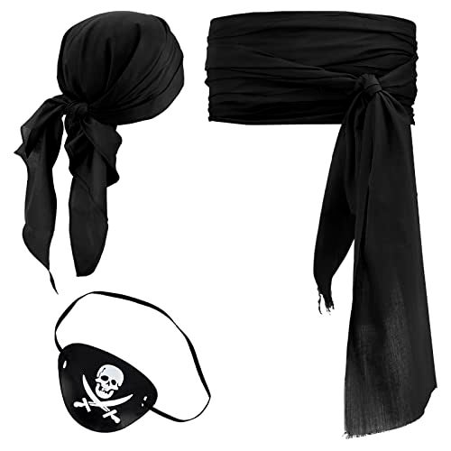CosplayStudio 3 PCS Halloween Pirate Costume Women Men Head Scarf Hat Accessories Pirate Sash Belt Pirate Bandana Headband Waist Belt (Black) - Image 1