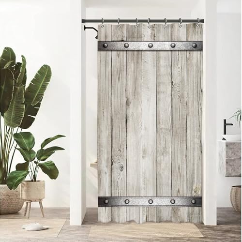 Yookeb Barn Door Wooden Stall Bathroom Shower Curtain Small Half Wood Vintage Farmhouse Country Rustic 36W by 71H Inch Polyester Fabric 12 Plastic Hooks Waterproof Decor - Image 3