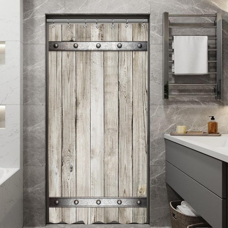 Yookeb Barn Door Wooden Stall Bathroom Shower Curtain Small Half Wood Vintage Farmhouse Country Rustic 36W by 71H Inch Polyester Fabric 12 Plastic Hooks Waterproof Decor - Image 2