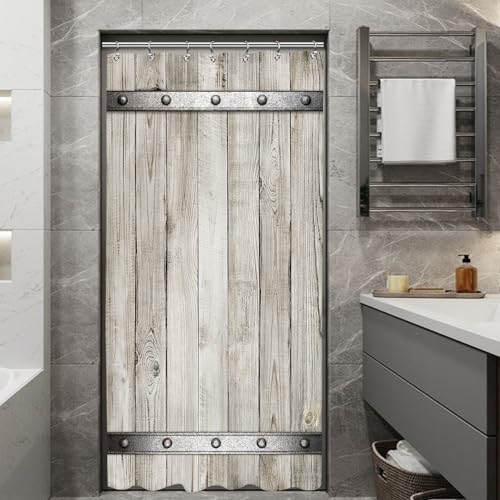Yookeb Barn Door Wooden Stall Bathroom Shower Curtain Small Half Wood Vintage Farmhouse Country Rustic 36W by 71H Inch Polyester Fabric 12 Plastic Hooks Waterproof Decor - Image 1