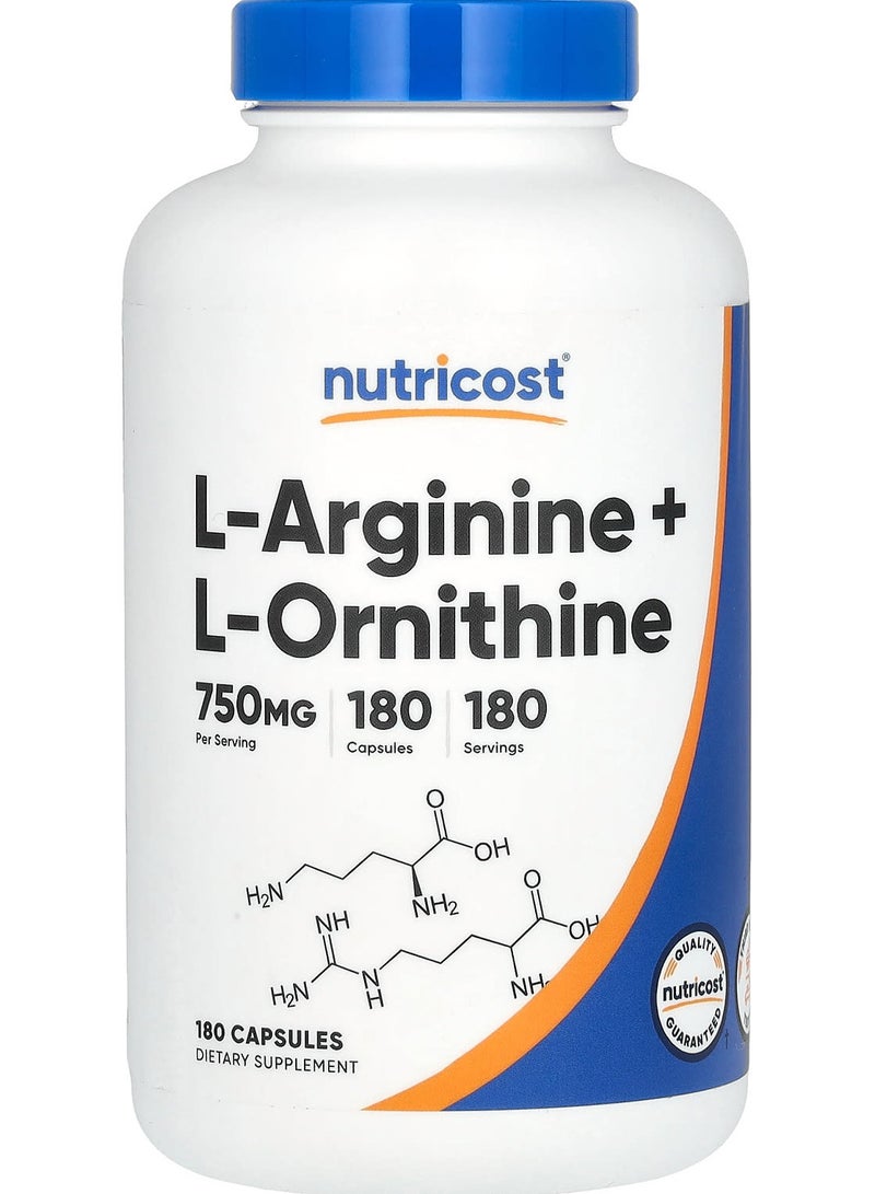 Nutricost L-Arginine + L-Ornithine, 750 mg, 180 Capsules