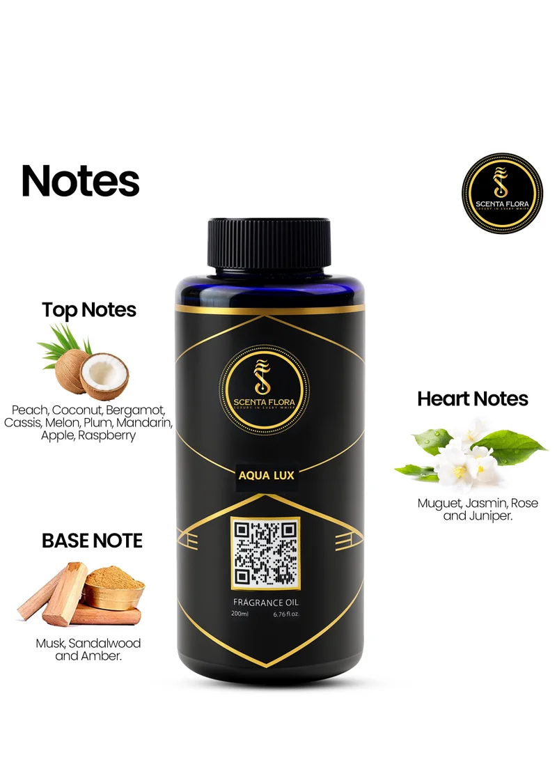 سينتا فلورا زيت عطري Aqua Lux من SCENTA FLORA لأجهزة نشر الروائح والعلاج العطري (200 مل) | رائحة حلوة تجمع بين الفواكه والزهور | مثالي للمنازل والمكاتب والمساحات التجارية | يضفي أجواءً منعشة ومريحة وجذابة