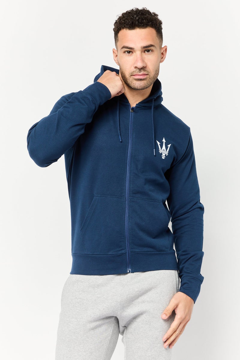 Maserati Men Long Sleeves Brand Logo Full Zip Sweatshirt, Navy  - Image 1
