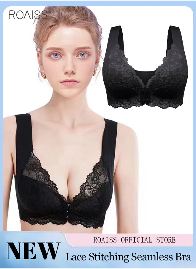 roaiss - Women's Front Open Buckle Seamless Bra Comfortable Wide Straps Lace Splicing Non-Steel Ring Bra - Image 1