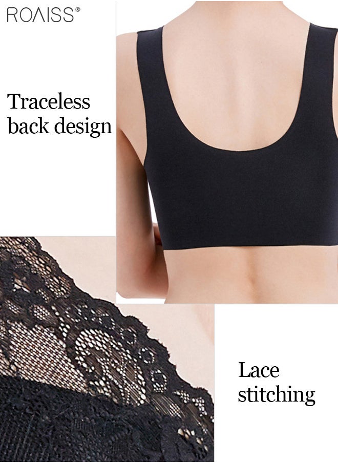 roaiss - Women's Front Open Buckle Seamless Bra Comfortable Wide Straps Lace Splicing Non-Steel Ring Bra - Image 1