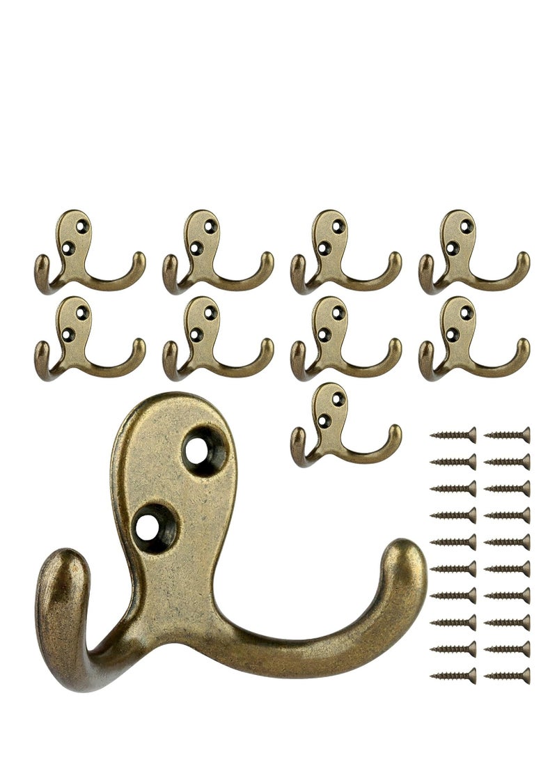 كاست ويف 10Pcs Double Prong Coat Hooks Hardware, Antique Brass Towel Hooks Wall Mounted with 20 Screws, Metal Hooks for Hanging Coats, Towel, Hat, Key, Bag（Antique Brass） - Image 1