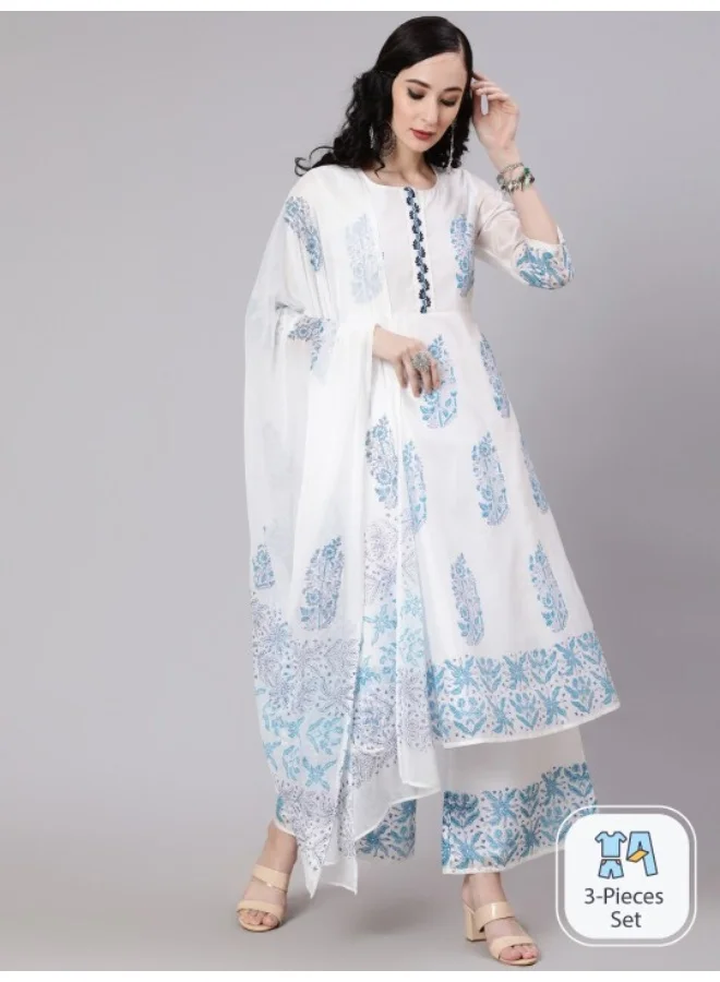 أيه كيه إس White & Blue Block Print Anarkali Palazzo With Dupatta