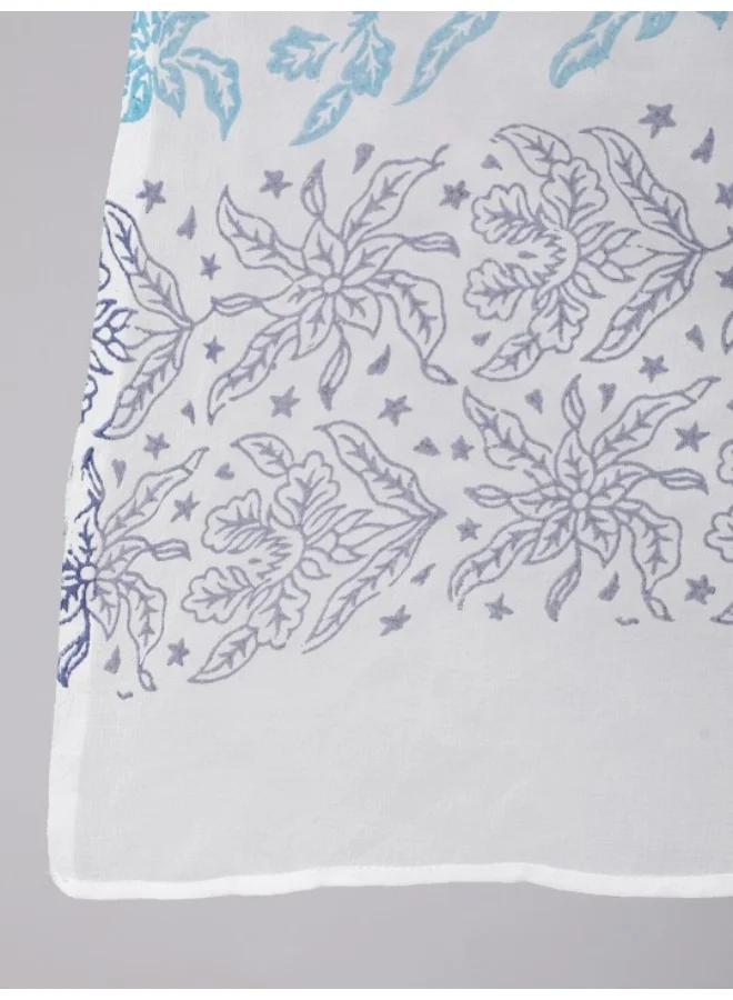 AKS White & Blue Block Print Anarkali Palazzo With Dupatta