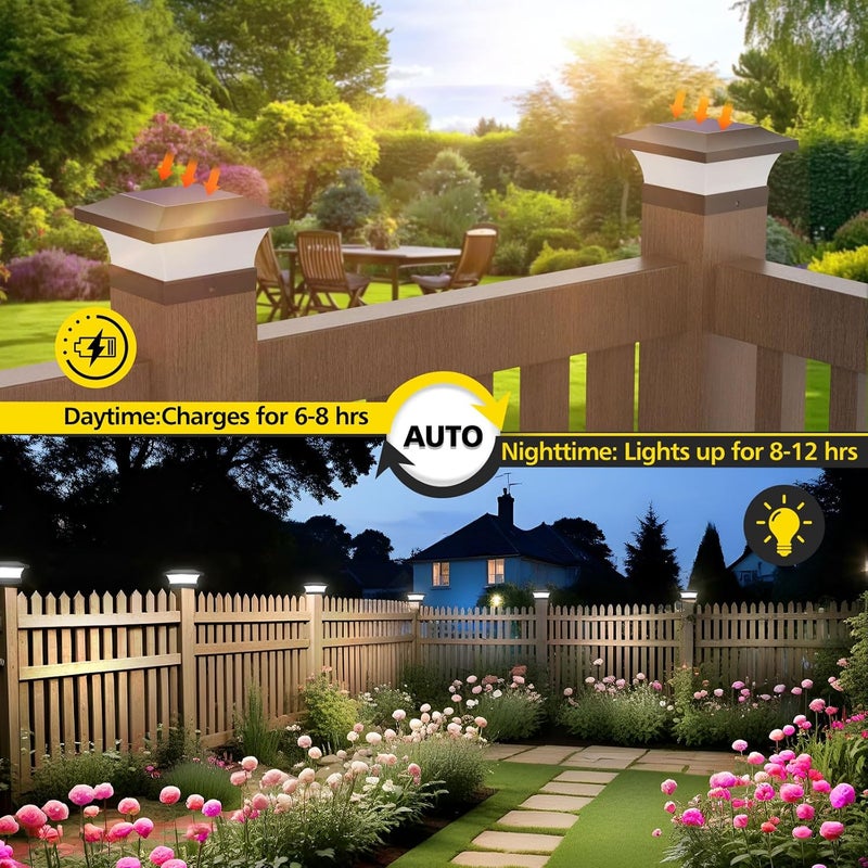 T-SUN Solar Post Lights, Waterproof Outdoor Solar Post Cap Lights for 4X4 Wooden Posts, 6000K Cool White LED Lighting, Deck, Patio Garden Decor or Fence(2 Pack) - Image 5