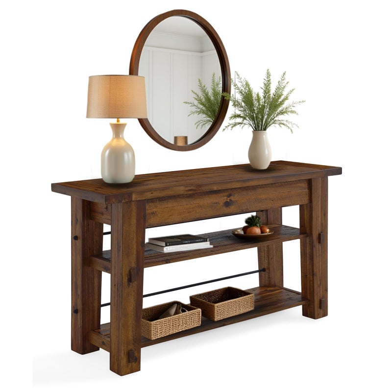 طاولة كونسول خشبية بطول 54 بوصة بتصميم مزرعة صناعي مع رفوف مفتوحة مزدوجة من الخشب الصلب وقمة خشبية طبيعية مع عُقد تناسب أجهزة التلفاز حتى 60 بوصة في غرف المعيشة من ألاتير فيرنيتشر