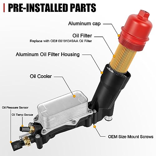 Somusen Upgrade Full Aluminum Engine Oil Cooler Filter Housing with Sensors and Gaskets Compatible with 2011-2016 Chrysler 200 300 Dodge Charger Challenger Journey Wrangler Ram ProMaster 3.2L 3.6L - Image 5