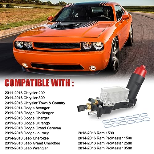 Somusen Upgrade Full Aluminum Engine Oil Cooler Filter Housing with Sensors and Gaskets Compatible with 2011-2016 Chrysler 200 300 Dodge Charger Challenger Journey Wrangler Ram ProMaster 3.2L 3.6L - Image 4