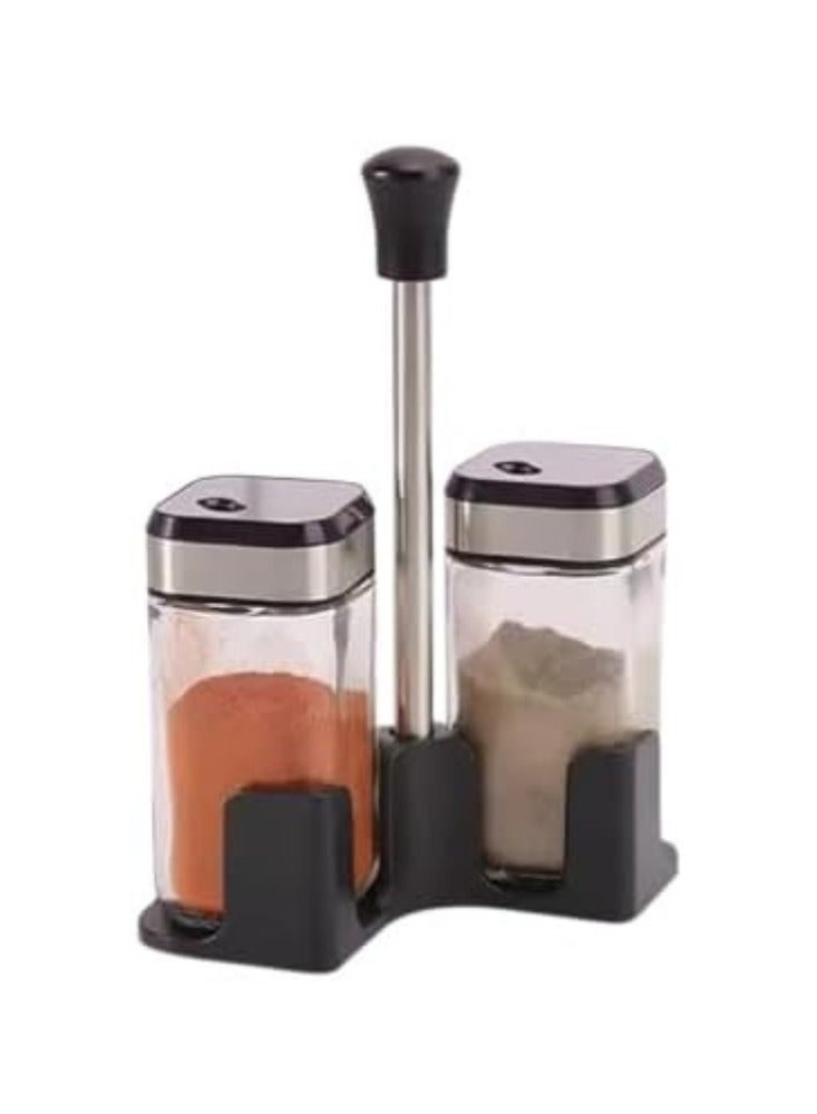 طقم رفوف تخزين التوابل مكون من قطعتين للمطبخ مع حامل من الفولاذ المقاوم للصدأ باللون الأسود الشفاف - Image 1