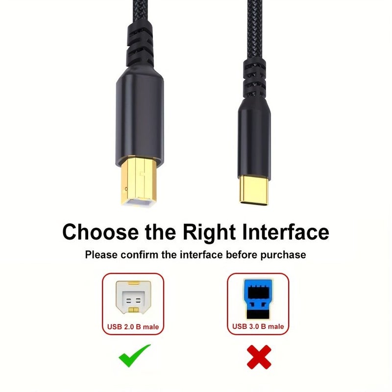 كابل طابعة USB B إلى USB C عالي السرعة 10 أقدام باللون الأسود للماسح الضوئي والكمبيوتر المحمول - Image 3