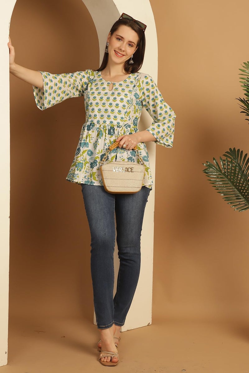 Rajnandini Women Pure Cotton Regular Fit Floral Printed Short Top Kurti (JOPLJPR751-L_White & Teal_L) - Image 5
