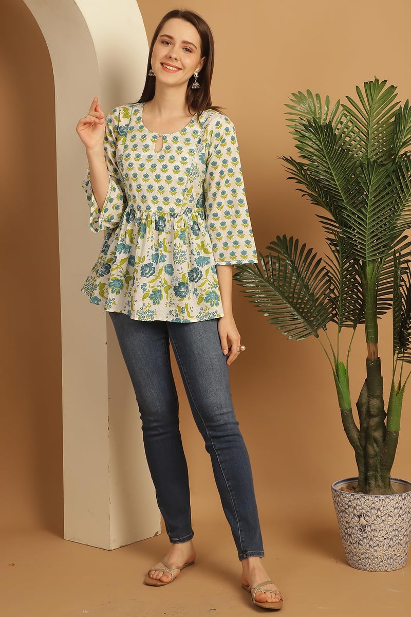Rajnandini Women Pure Cotton Regular Fit Floral Printed Short Top Kurti (JOPLJPR751-L_White & Teal_L) - Image 4