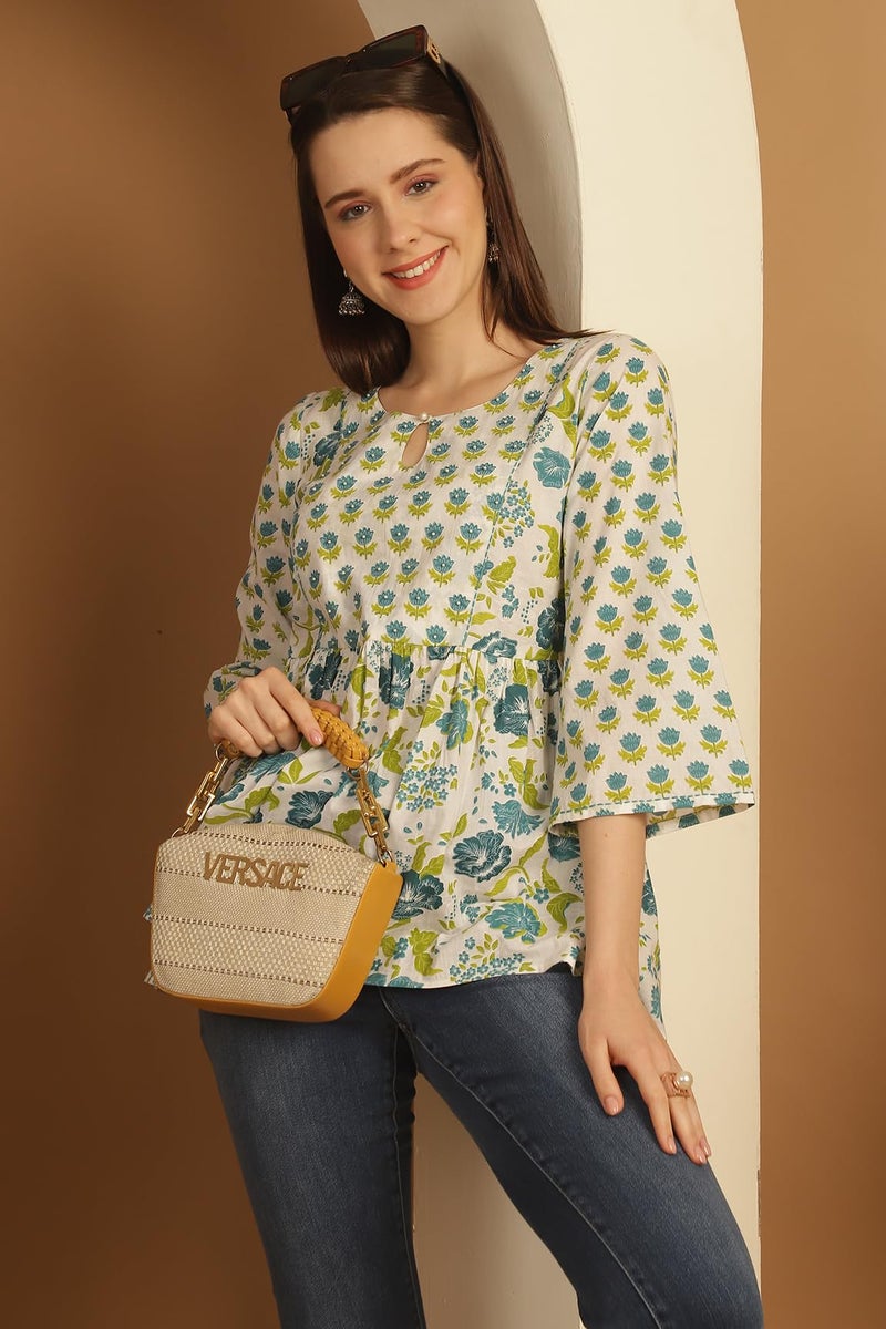Rajnandini Women Pure Cotton Regular Fit Floral Printed Short Top Kurti (JOPLJPR751-L_White & Teal_L) - Image 3