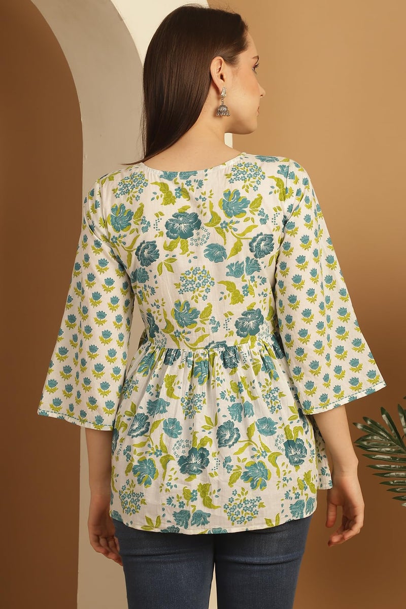 Rajnandini Women Pure Cotton Regular Fit Floral Printed Short Top Kurti (JOPLJPR751-L_White & Teal_L) - Image 2