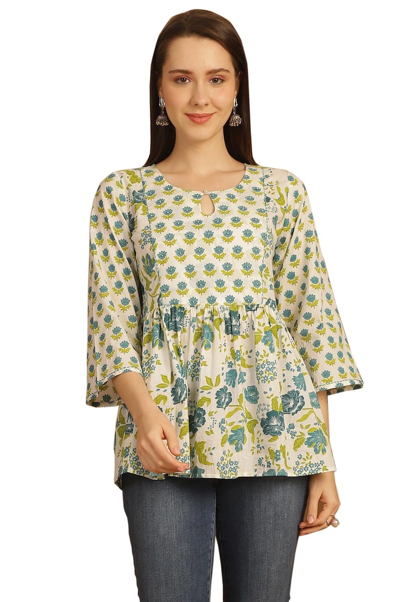 Rajnandini Women Pure Cotton Regular Fit Floral Printed Short Top Kurti (JOPLJPR751-L_White & Teal_L) - Image 1