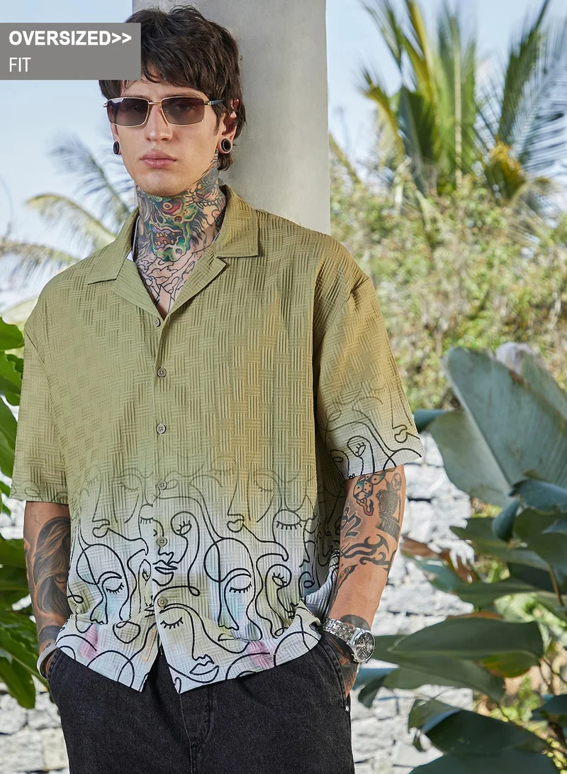 Campus Sutra Campus Sutra Men's Pistachio Green Faces-Ombre Oversized Shirt For Casual Wear | Cuban Collar | Short Regular Sleeves | Button Closure | Oversized Shirt Crafted With Comfort Fit For Everyday Wear
