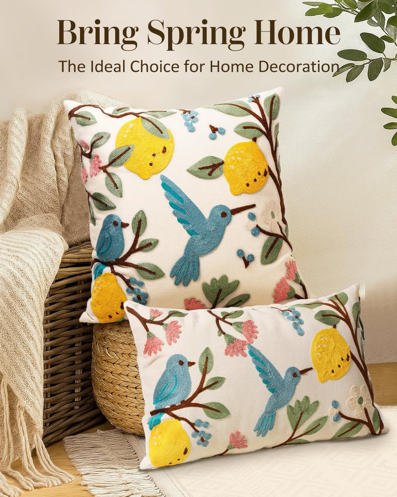 Kokaaee Embroidered Throw Pillow Cover 20x20 Inch - Spring Summer Boho Decorative Pillow Cover with Zipper for Living Room Couch Sofa Bed Aesthetic Design Bird Lemon Cushion Pillowcase - Image 5