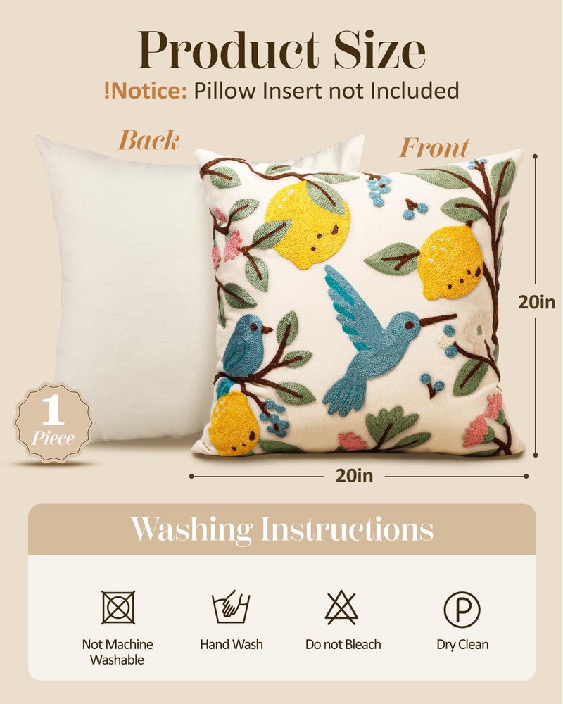 Kokaaee Embroidered Throw Pillow Cover 20x20 Inch - Spring Summer Boho Decorative Pillow Cover with Zipper for Living Room Couch Sofa Bed Aesthetic Design Bird Lemon Cushion Pillowcase - Image 4