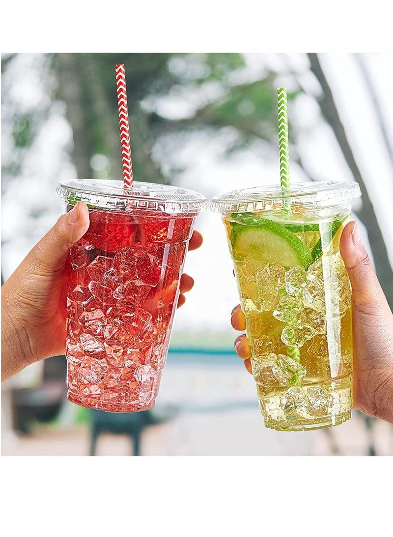 vsell24 24Oz Pack of 50PC Disposable Plastic Juice Cups with Flat Lids Clear  - Image 2