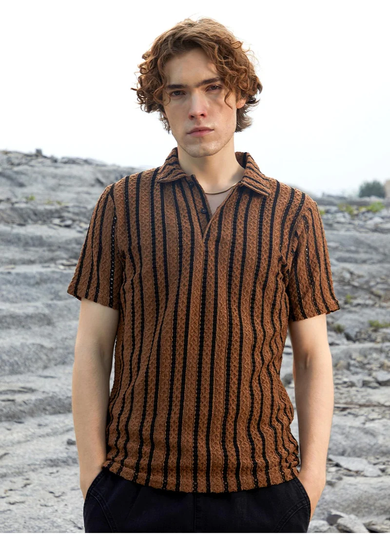 Campus Sutra Men's Sienna Brown & Onyx Black Tactile-Striped Polo T-Shirt