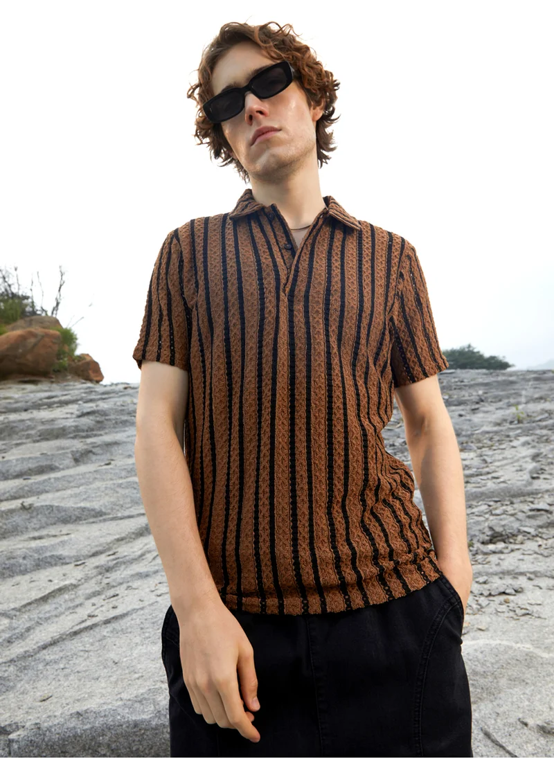 Campus Sutra Men's Sienna Brown & Onyx Black Tactile-Striped Polo T-Shirt