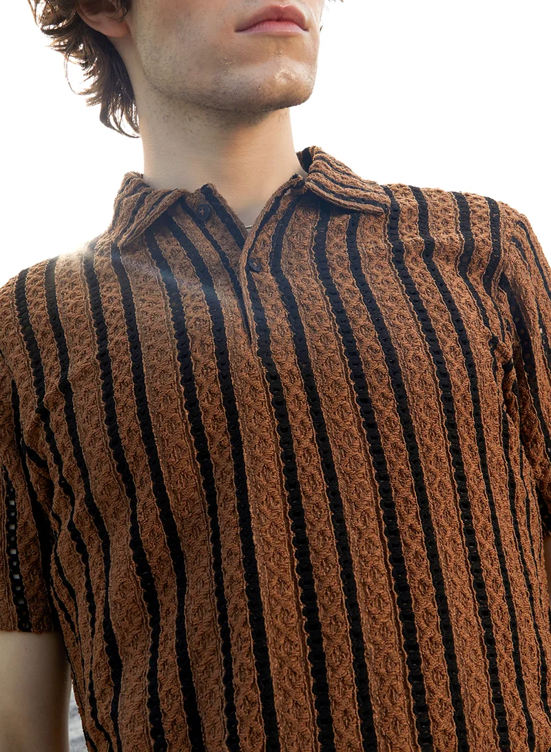 كامبوس سوترا Men's Sienna Brown & Onyx Black Tactile-Striped Polo T-Shirt