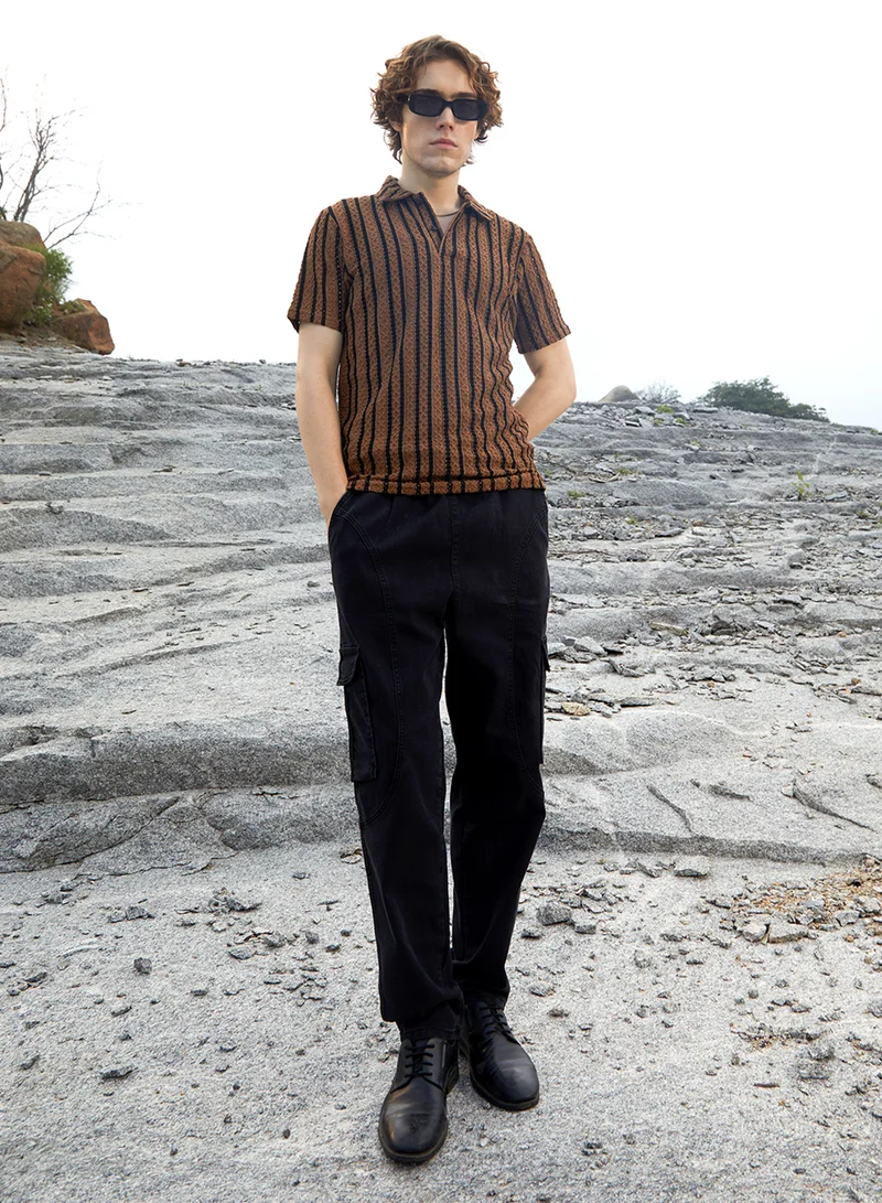 كامبوس سوترا Men's Sienna Brown & Onyx Black Tactile-Striped Polo T-Shirt