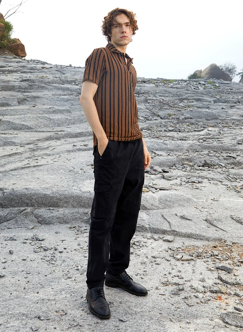 كامبوس سوترا Men's Sienna Brown & Onyx Black Tactile-Striped Polo T-Shirt