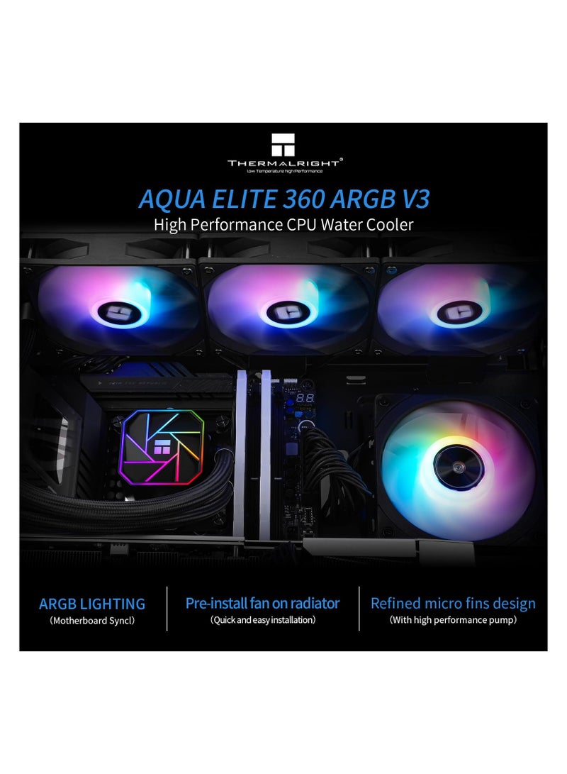 ثيرمالرايت مبرد وحدة المعالجة المركزية السائل Thermalright Aqua Elite 360 ​​V3، حجم صف التبريد 360، 3 مراوح PWM 120 مم، محامل S-FDB، متوافق مع AMD/AM4/AM5، Intel LGA1150/1151/1155/1156/1200/2011/1700، مبرد وحدة المعالجة المركزية المكتبي AIO - Image 2