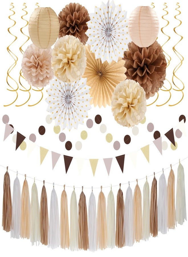 Hugtmr Boho Baby-Shower White-Brown Champagne Fall Party-Decorations - 33pcs Banner,Streamers Tassel Garland,Tissue Pom Poms Honeycomb,Paper Lantern Fan,Autumn,Bridal,Christmas,Birthday,Wedding Decor Hugtmr - Image 1