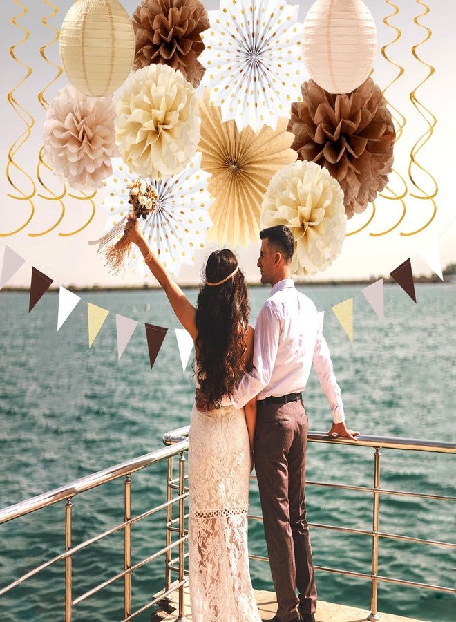 Hugtmr Boho Baby-Shower White-Brown Champagne Fall Party-Decorations - 33pcs Banner,Streamers Tassel Garland,Tissue Pom Poms Honeycomb,Paper Lantern Fan,Autumn,Bridal,Christmas,Birthday,Wedding Decor Hugtmr - Image 5