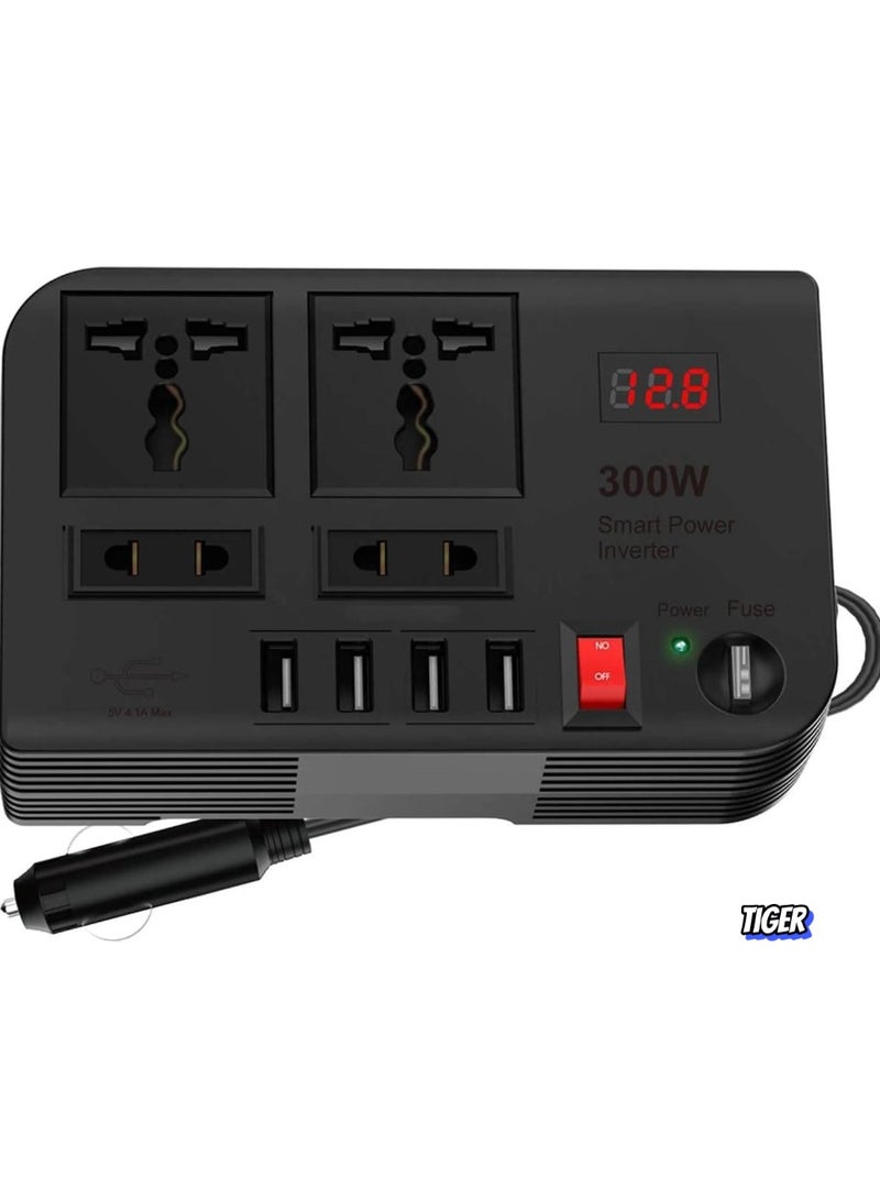 TIGER 300W Car Power Inverter DC 12V/24V to 220V AC – 4 USB Ports Fast Charging, 2 Universal Sockets, Multifunctional LED Display, Photovoltaic Inverter for Cars, RVs, and Outdoor Use - Image 1