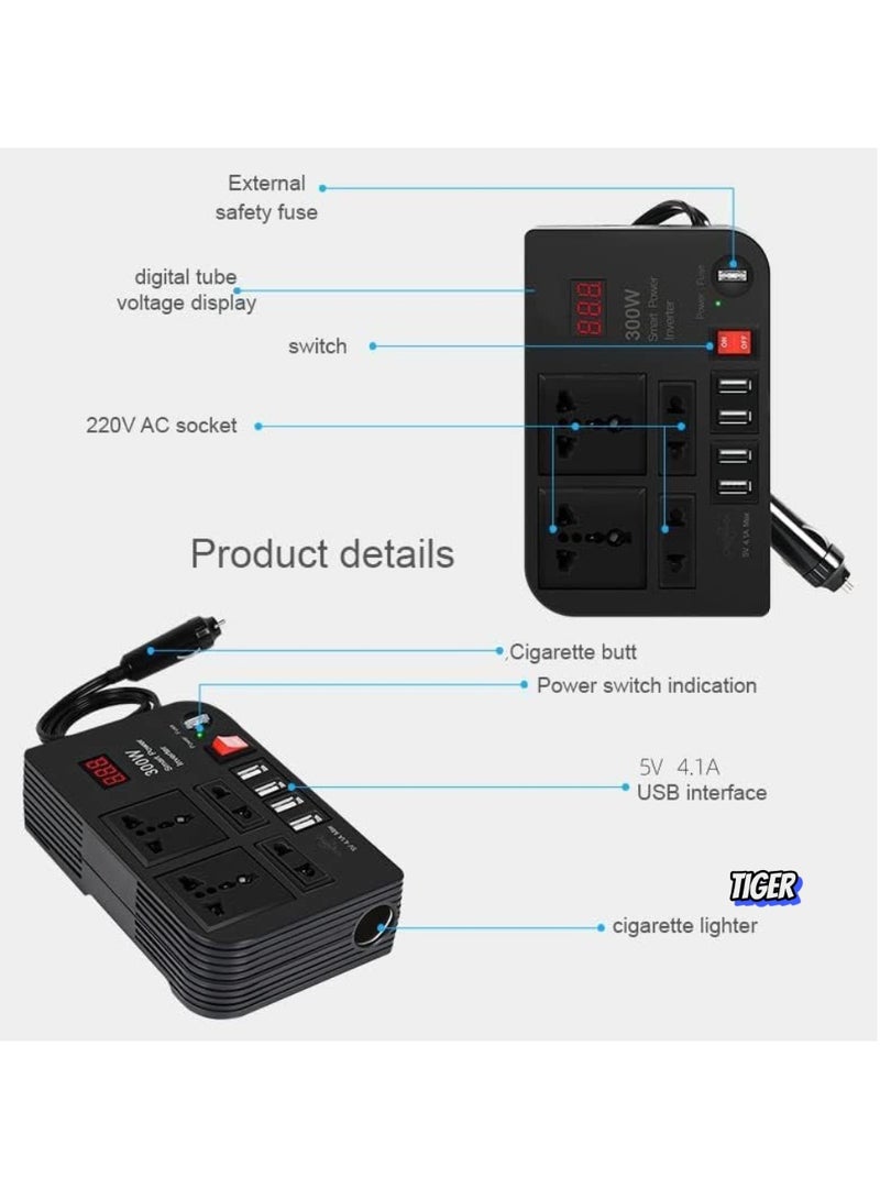 TIGER 300W Car Power Inverter DC 12V/24V to 220V AC – 4 USB Ports Fast Charging, 2 Universal Sockets, Multifunctional LED Display, Photovoltaic Inverter for Cars, RVs, and Outdoor Use - Image 2