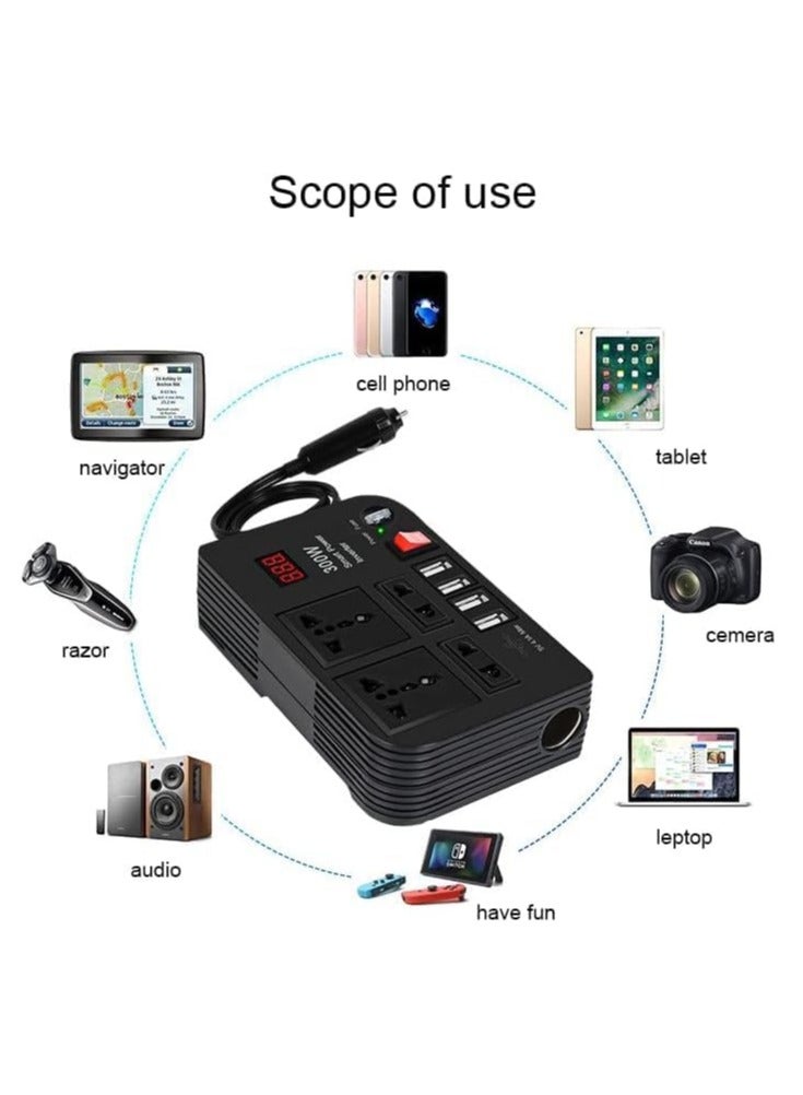 TIGER 300W Car Power Inverter DC 12V/24V to 220V AC – 4 USB Ports Fast Charging, 2 Universal Sockets, Multifunctional LED Display, Photovoltaic Inverter for Cars, RVs, and Outdoor Use - Image 3