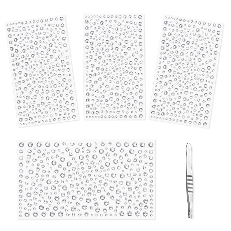 Vicloon 1300Pcs Self Adhesive Bling Clear Rhinestone Stickers 4 Sheets Acrylic Crystal Gems Stickers with Pick Up Tweezer for DIY Craft Jewel Clothes Makeup Festival Carnival Decro 3mm4mm5mm6mm