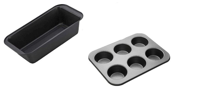 Xacton Cake Making Set – 2 in 1 Combo of Bread loaf Pan and 6 Slot Muffins Tray I Carbon Steel Baking pan | Cake Baking and Decoration Tools I Can be Used Microwave Oven OTG, Cooker – Black - Image 1